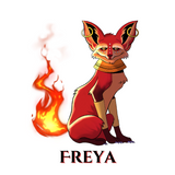 Animated character Freya with fox-like features and flames on a white background