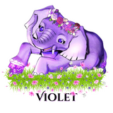 Purple elephant with floral headband on grass with 'Violet' text